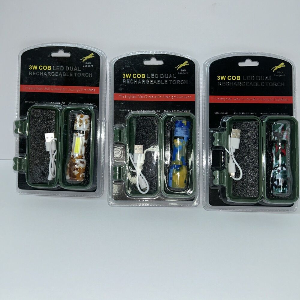 Lot of 3 Mini Tactical LED Flashlights Random Rechargeable Pocket Torches Case